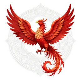 a hybrid exquisite complex a red fire phoenix with wings extended, wisdom, good and evil, scrollwork, white ink, magical, heraldic design, epic, by peter mohrbacher and kentaro miura, in the style of jean delville, artstation, james gurney, moebius, roger dean, wlop, victo ngai, 4 k, cinematic, sharp