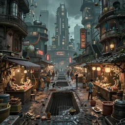 a gonzo 3 d render of a sewer marketplace in a biopunk metropolis, ultra wide angle, octane render, unreal engine, hdr, nightmare, micro details, pristine, masterpiece, by ralph bakshi, by studio ghibli, trending on artstation