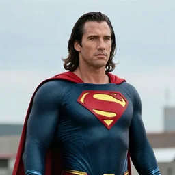 Nicholas cage as superman with long hair, movie still, 4k