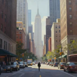 a painting that captures the feeling of being in a city, a skyline of a bustling metropolis, a lone figure walking down a busy street, hyper detailed, digital art, trending in artstation, cinematic lighting, studio quality, smooth render