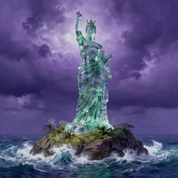 gigantic glass statue on an island. roiling waves at the base. thunderclouds in the background. fantasy setting. purples and greens. fantasy aesthetic. 4 k. highly detailed. intricate. painting with curved brush strokes