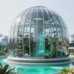 highly detailed futuristic architecture by frank lloyd wright, glass domes, reflective lighting, holographic, stylized vegetation, ground - level view, puddles of turquoise water, foggy atmosphere, stunning sunny lighting, sunrise, vivid colors, in the style of pixar animation, trending on artstation, 8 k, matte painting, ray tracing, hyper detailed, unreal engine 5, cinematic, epic lighting, cryengine, octane render, cyberpunk, red and orange glow, vibrant