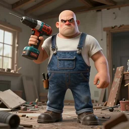 grumpy chunky bald handyman with huge power drill! arms, in a wrecked home, full body, hyperrealistic digital art masterpiece, highly detailed neo pop surrealism, jason limon kay sage hannah yata, dramatic lighting, low angle, uhd 8 k, sharp focus