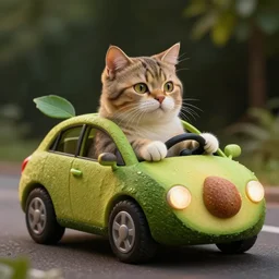 photo realistic image of a cat driving an avocado with a car shape, stunning 3 d render inspired art by istvan sandorfi and greg rutkowski, complete shot, realistic, highly detailed attributes and atmosphere, dim volumetric cinematic lighting