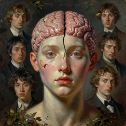 bust, technology vs nature, split in half, falling out of the face, the truly amazing part about this is that it increasingly appears our cortical evolution reflects this emergent tension, photorealistic portrait by michael komarck, greg rutkowski, victo ngai, artgerm, willem claesz heda and j. dickenson