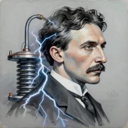 genius nikola tesla profile picture by sachin teng, masterpiece, organic painting, matte painting, tehnical drawing shapes, lightning electricity coil, hard edges, graffiti, street art by sachin teng