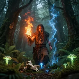 shaman, summoning fire / water / light, out of bones / fern / light, green man, misty forest, glowing fungus, cinematic, golden ratio, wavy are the most prompts i used + plenty of variations for building up the details