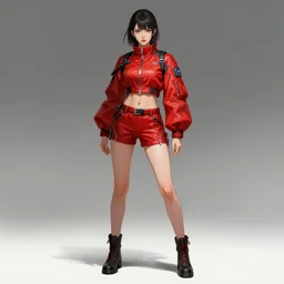 full body long shot of Japanese female wearing red futuristic jacket and shorts, highly detailed, digital painting, artstation, concept art, sharp focus, illustration, art by greg rutkowski and alphonse mucha