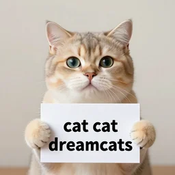 realistic high quality photo of a cute cat holding a sign with text that reads : dream, cat, cas, cat cat dreamcats,
