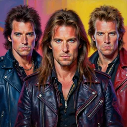 apocalyptic scifi orcish biker characters posing for a professional photo, psychedelic vibrant colors, futuristic punk rock fashion, highly detailed oil painting by michael whelan art, perfect face, sharp focus, detailed eyes, realistic, long hair, leather jacket, 8 0 s hairstyle, 8 k, willem dafoe, danny trejo, keifer sutherland