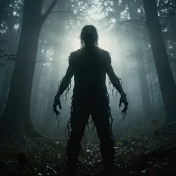 a man in the woods with tendrils for limbs, atmospheric lighting, fog, backlight, silhouette, 4 k, haunted