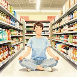 ultra detailed digital pencil and watercolors and illustration of meditating on a supermarket by wes anderson, tim burton, tomm moore, jean pierre jeunet ; 4 k 8 k hd high resolution ;