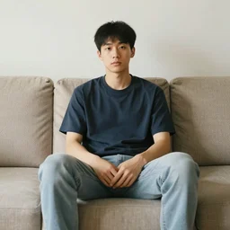 4 0 yo man is sitting gracefully on a sofa
