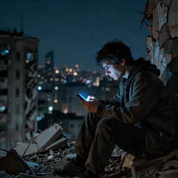 the last human sitting in a destroyed city at night, the only light source comes from his smartphone in his hands, the smartphone light is blue, the human is in the style of Irakli Nadar on ArtStation and the city is in the style of Aleksey Pollack on ArtStation, 4k,