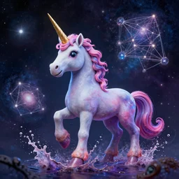 epic galaxy unicorn experiencing the quantum field, exploring consciousness, beautiful astrological neural network, bob ross matte painting and tim burton comic book art, realistic, trending on artstation, sharp focus, depth of field, cinematic composition, physics splashes of colors, octane render, unreal engine
