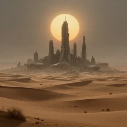 matte painting of a desert landscape of a science fiction city, two suns, gloomy, fog, elaborate, detailed digital art trending in artstation