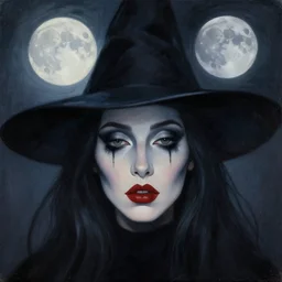 surrealism, abstract, witch, portrait, close - up, make up, full big moon, painting by raphael albuquerque, soft light