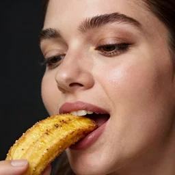 closeup headshot photo of the woman passionately tasting the best chocolate fried banana, detailed face details