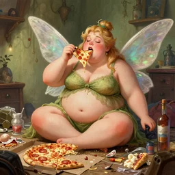 a very fat fairy sitting in a messy room and burping because she ate too much pizza and junk food, fantasy art, illustration, amazing detail, in the style of greg rutkowski, artgerm, cgsociety
