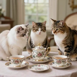 3 cats ( two calico and one tabby ) enjoying fancy english tea together, flickr explore 5 0 mm