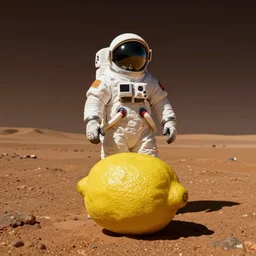 wide angle shot of a detailed lemon wearing a spacesuit and sunglasses on the surface of mars, autochrome, atmospheric, 4K, trending on artstation