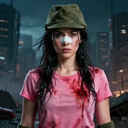epic portrait cinematic shot professional, a woman wearing a pink t shirt with blood stains, wet flowing black hair, serious face, a soldier hat, gloves, bandaged nose, apocalyptic city backround, fine details. night setting. realistic shaded lighting poster by craig mullism, artgerm, jeremy lipkin and michael garmash, unreal engine, radiant light, detailed and intricate environment, digital art, trending on art station,
