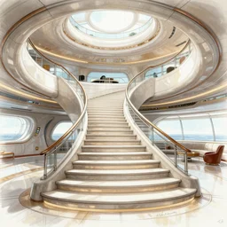 staircase of a futuristic cruise ship build after the example of the grand staircase of the titanic, futuristic design study, interior architecture study draft, very detailed
