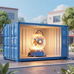 a glowing nuclear microreactor inside a shipping container in a pleasant urban setting, in style of Isaac Zuren, peaceful, serene, 4k, octane render, blender, intricate