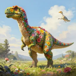 Beautiful digital painting of monumental dinosaur made of flowers by Greg Rutkowski and James Gurney, trending on Artstation, deviantart, ultra detail