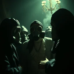 disturbing big budget hollywood movie everyone is wearing gas masks at the marriage of reason and squalor dramatic lighting chiaroscuro