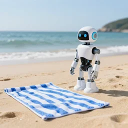 robot on the beach on holiday, relaxing beach towel next to the ocean