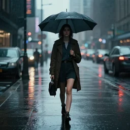 a girl walking in a rainy city, still from bladerunner 2049, cinematic