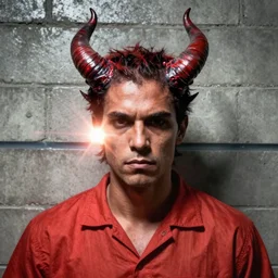 prison mugshot of diablo the lord of destruction, bright flash, vibrant colors, demonic horns, cement brick wall background, inspired by 8 k octane render, soft vignette, grim expression, realistic, low saturation, nypd, diablo 2