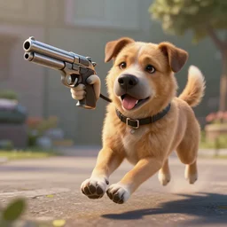 the dog has a gun!! run, run! the dog has a gun!! perfect photo, no complaints, volumetric lighting, hyperrealistic, unreal engine