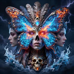 3 d goddess butterfly face portrait, sigma 5 0 0 mm f / 5. beautiful intricate highly detailed quetzalcoatl skull and feathers. bioluminescent, plasma, lava, ice, water, wind, creature, thunderstorm! artwork by tooth wu and wlop and beeple and greg rutkowski, 8 k trending on artstation,