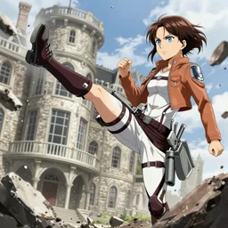 emma wawtson, as the female titan, kicking a mansion to rubble, attack on titan, anime key visual, wit studio official media