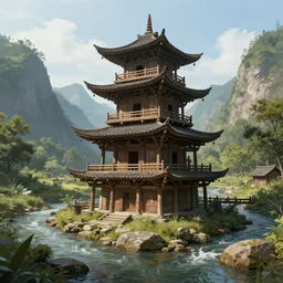 concept art, wooden chinese tower in mountain stream, natural scenery unreal engine, hyperdetailed, pixiv fanbox, 4 k