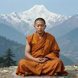 darjeeling in 1 9 9 5, small monk meditating in front of the himalayas, small hyper detail