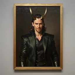 chris hemsworth as loki with horns, museum painting by rembrandt