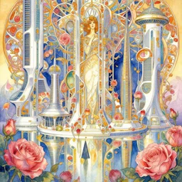 a beautiful insanely intricate watercolor painting a futuristic architecture with rosebuds, reflexions, colorfull, by william turner art, by greg rutkowski, by alphonse mucha, by james jean, by rossdraws, by frank franzzeta, by sakimichan, trending on artstation, insanely detailed, masterpiece,