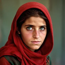 portrait of emma watson as afghan girl, green eyes and red scarf looking intently, photograph by steve mccurry