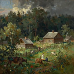 A beautiful painting of russian village in dark forest by ivan shishkin and marc simonetti, trending on artstation,matte painting
