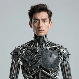 a perfect portrait photograph, of an exploded man, every part is joined together by iron rods. perfect focus and studio lighting.