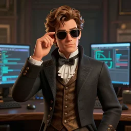 johnny bravo, victorian clothes, sunglasses, hyper realistic, cinematic composition, ambient lighting, cinematic, nuke compositor, 3 d, cinema 4 d, redshift, trending at artstation, octane render