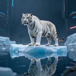 a white tiger standing on the top of a iceberg, cyberpunk, symmtrical