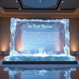 a gorgeous ice sculpture of the declaration of independence, in a museum, digital art, dynamic lighting, crystal clear, beautiful, award winning picture