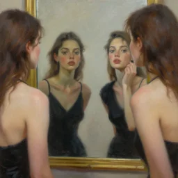 fashion model in mirror, hyperrealism oil painting portrait