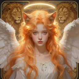 Portrait of a girl angel with pale orange colored frizzy strands of illuminated hair, cat ears on her head, glowing halo, Lion's Mane, fantasy, intricate, elegant, highly detailed, digital painting, artstation, concept art, smooth, sharp focus, illustration, art by Krenz Cushart and Artem Demura and alphonse mucha