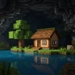atmospheric photorealistic render of a small cabin next to a lake inside a dark cave, made in minecraft, rendered in blender with pixar renderman, trending on artstation, 4 k