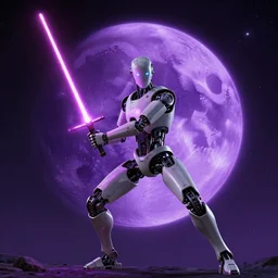humanoid robot wielding lightsaber in front of a violet planet in the sky, unreal engine, featured on cgsociety, trending on artstation, detailed, scifi futuristic character concept, simon stalenhag, movie still, octane render, hubble telescope, violet planet, stars, hyperrealistic, cinematic, by weta digital, epic action pose